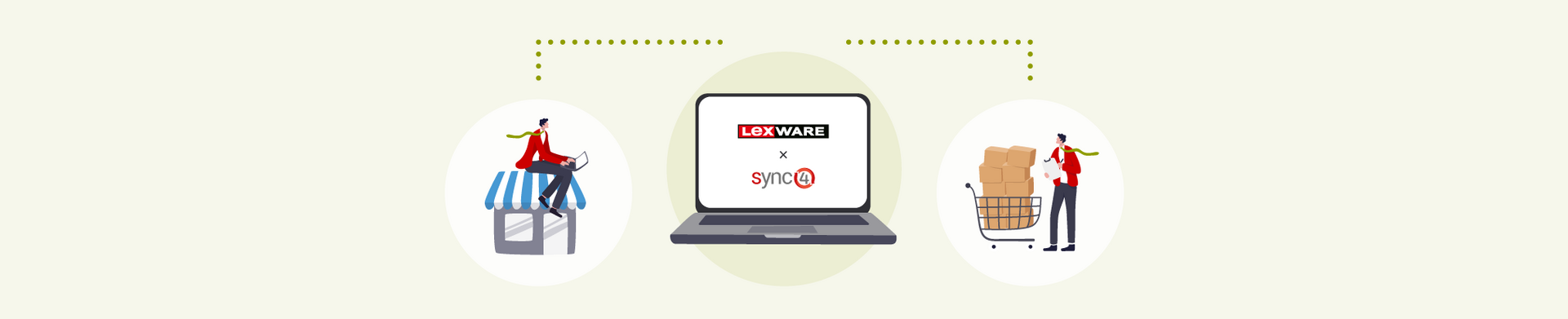 Illustrationsgrafik Lexware x sycn4: Darstellung eines Laptops mit Schnittstellen zwischen Onlineshop und Lexware warenwirtschaft