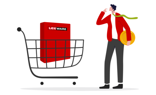 Illustration von Lexware zur Kaufberatung: Mann vor Einkaufswagen, in dem ein Lexware Produkt liegt