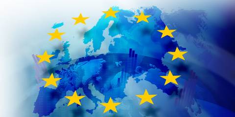 Sterne der EU-Flagge vor blauem Hintergrund mit Diagrammen