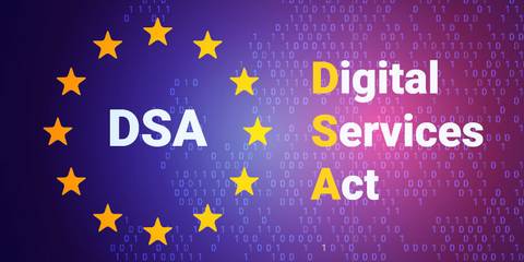Die Buchstaben DSA eingekreist von Sternen. Rechts daneben steht Digital Services Act