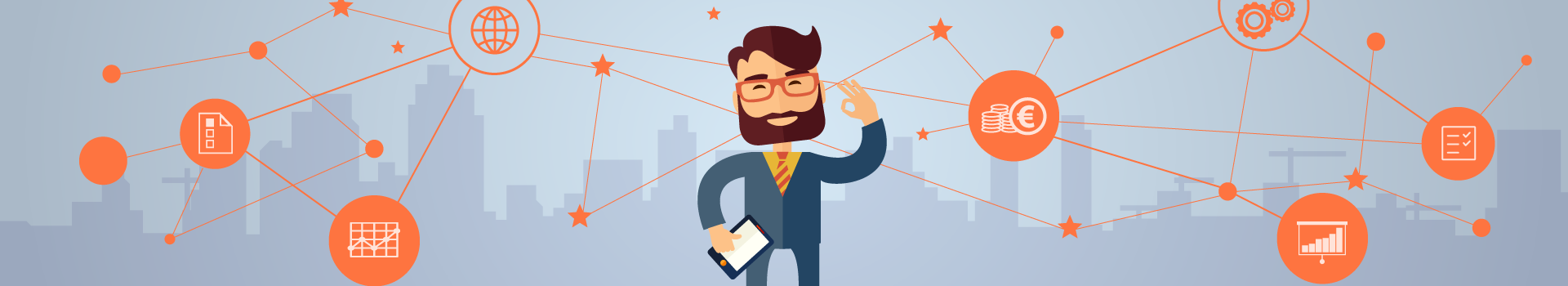 Illustration von zufriedenem Unternehmer, der Lexware mobile nutzt 