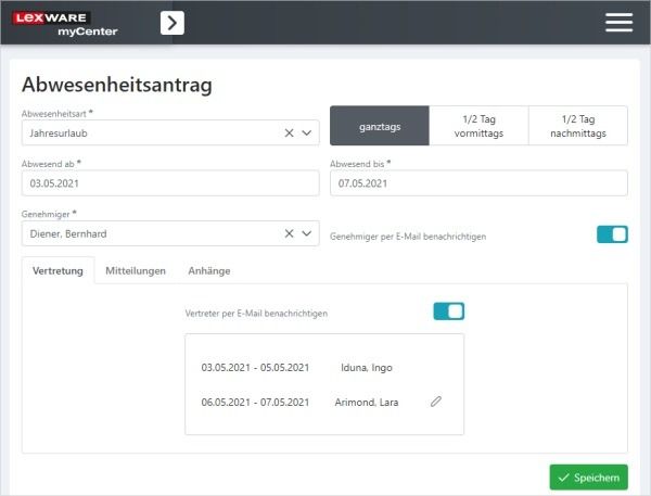 Screenshot Abwesenheitsantrag in Lexware MyCenter