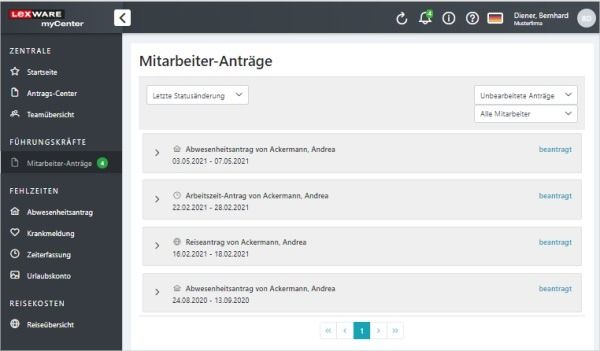 Screenshot Mitarbeiter-Anträge in Lexware MyCenter