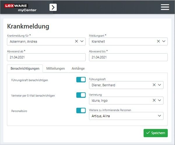 Screenshot Krankmeldung in Lexware MyCenter 