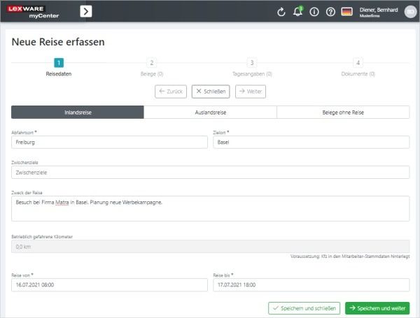 Reisedaten erfassen in Lexware myCenter