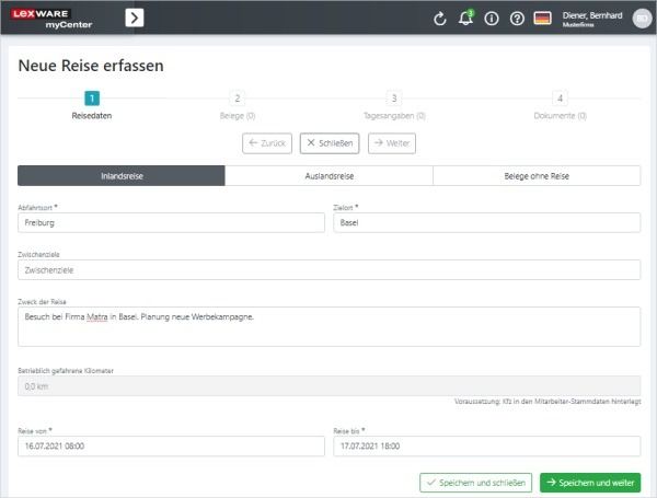 Screenshot Reisedaten erfassen in Lexware MyCenter