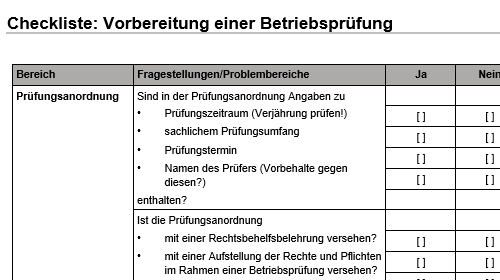 Dokumentausschnitt: Checkliste Vorbereitung einer Betriebsprüfung