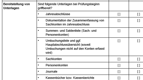 Dokumentausschnitt Checkliste Betriebsprüfung