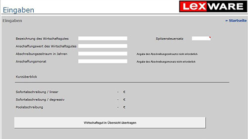 Screenshot: Oberfläche GWG-Rechner Dateneingabe 