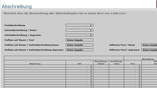 Screenshot: Oberfläche GWG-Rechner Abschreibung Kerndateneingabe 