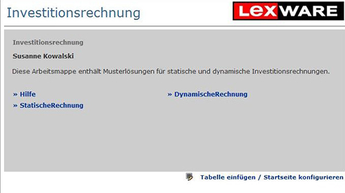 Toolausschnitt: Investitionsrechnung Startbildschirm 