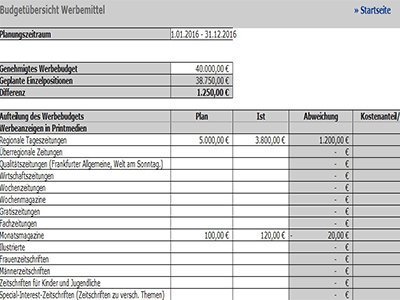 Werbemaßnahmenplaner - Budgetübersicht Detail