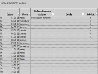 Werbemaßnahmenplaner - Jahresübersicht Detail
