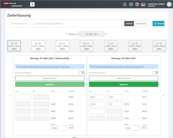 Screenshot Zeiterfassung in Lexware MyCenter 